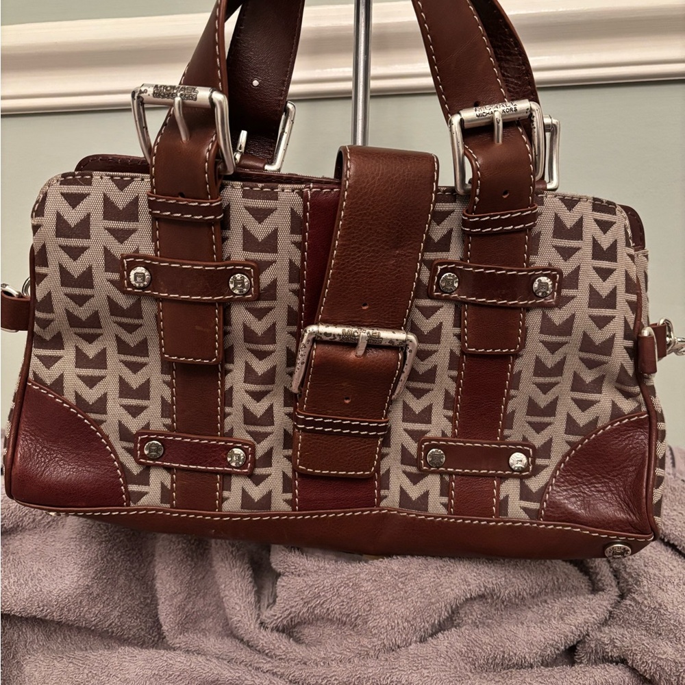 Michael Kors Brown Canvas Logo Satchel with Chestnut Leather Trim
